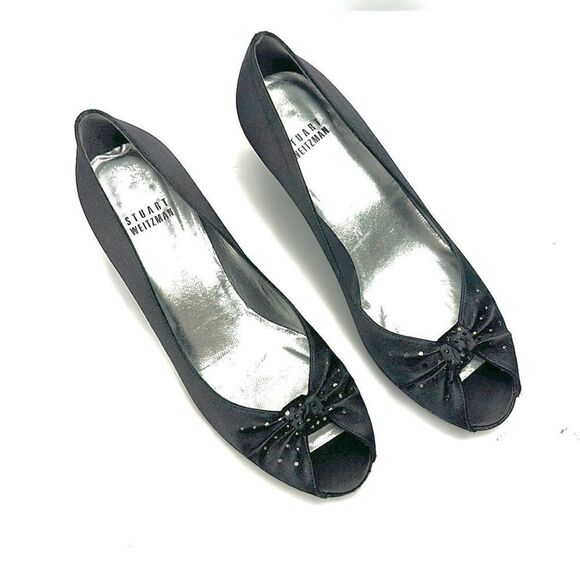 Stuart Weitzman Black Peau De Soie Satin
Peep Toe Tonal Rhinestone Accent Pumps - Picture 6 of 12
